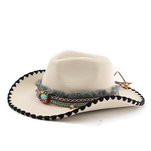 Western Cowboy Hat Ethnic Woven Band Turquoise Decor Polyester Felt Wide Brim Fedora Retro Bohemian Jazz Style For Women Men