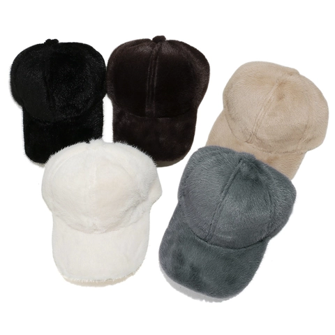 Winter Honkbalpet Van Kunstnertsbont Warme Polyester Effen Kleur Gestructureerde Sportmuts Voor Heren Dames