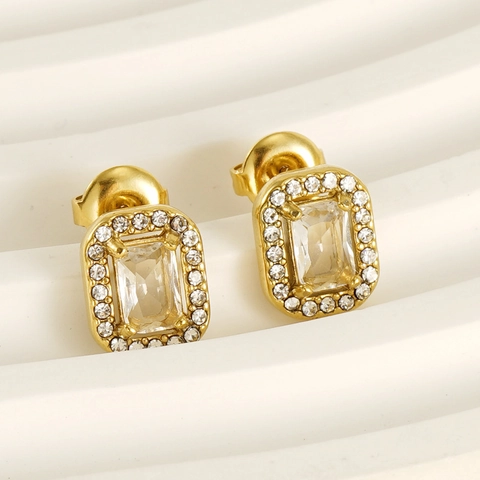 Zircon Stud Earrings 18K Gold Plated Stainless Steel Double Layer Halo Heart Round Square Drop Jewelry For Women