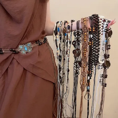 Bohemian Handmade Woven Wood Bead Waist Chain Belt Ethnic Butterfly Tassel Adjustable Dress Decoration For Women