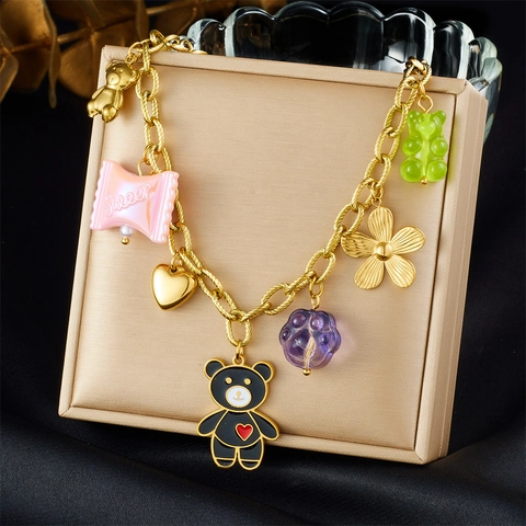 Stainless Steel Pendant Necklace Gold Plated Cartoon Bear Candy Flower Heart Multi Charm Trendy Jewelry For Women