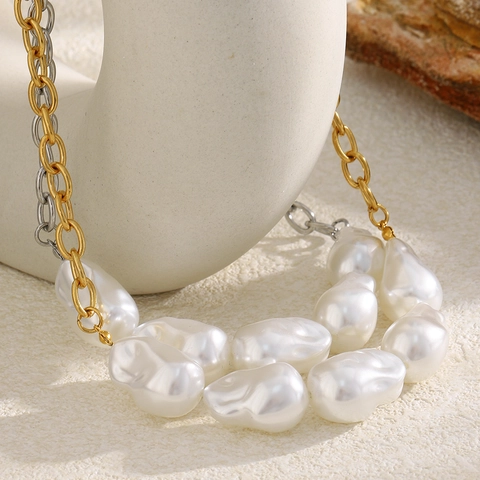 Artificial Baroque Pearl Necklace 18K Gold Plated Stainless Steel Chunky O Chain Industrial Retro Jewelry For Women