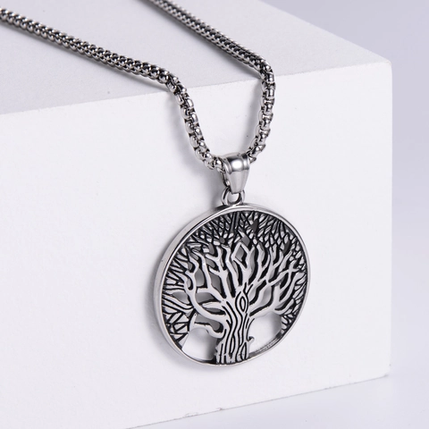 Tree Of Life Pendant Necklace 304 Stainless Steel Hollow Round Nordic Viking Style Vintage For Men Women