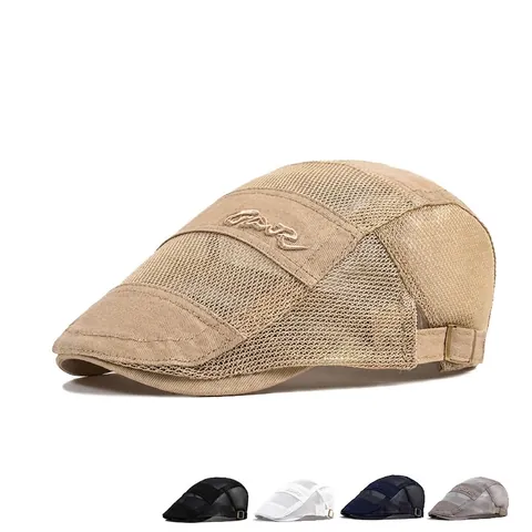 Men Mesh Splicing Flat Cap Cotton Polyester Breathable Sun Protection Adjustable Ivy Cap Vintage Letter Embroidery