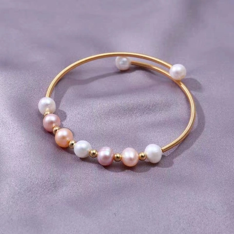 Natural Freshwater Pearl Open Bangle Bracelet Gold Colored Spiral Wire Handcrafted Minimalist Elegant Jewelry For Women