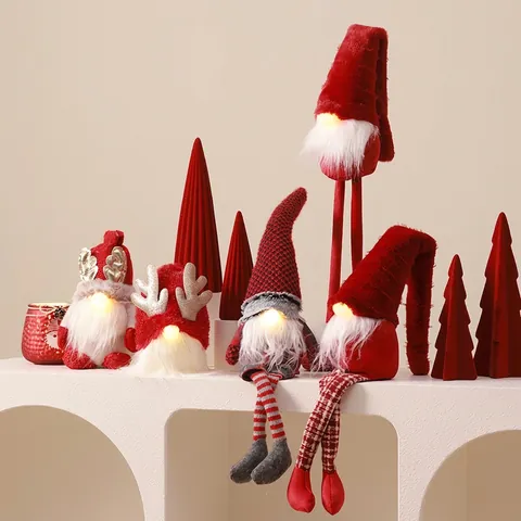 Christmas Gnome LED Light Up Handmade Plush Reindeer Antler Long Leg Doll Desktop Home Window Decoration Red Grey