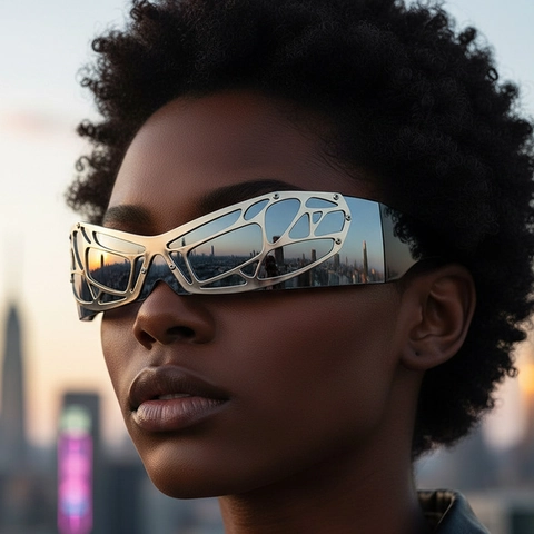 Wrap-Around-Sonnenbrille Y2K Cyberpunk Futuristische Techwear Metallgitter Hohlrahmen UV400 Outdoor-Party-Mode-Brille