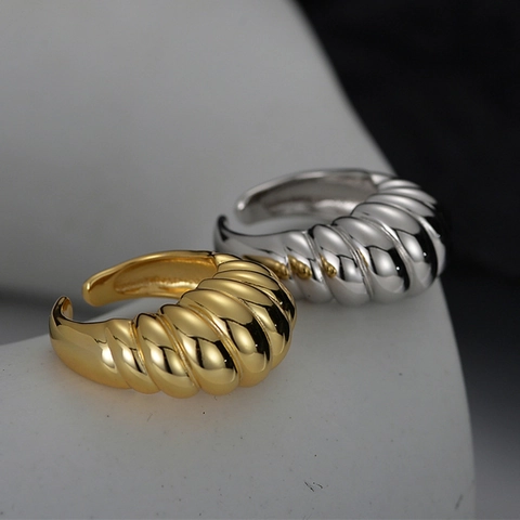 925 Sterling Silver Croissant Open Ring Minimalist Ribbed Spiral Band Geometric Fashion Jewelry For Women Adjustable Ring