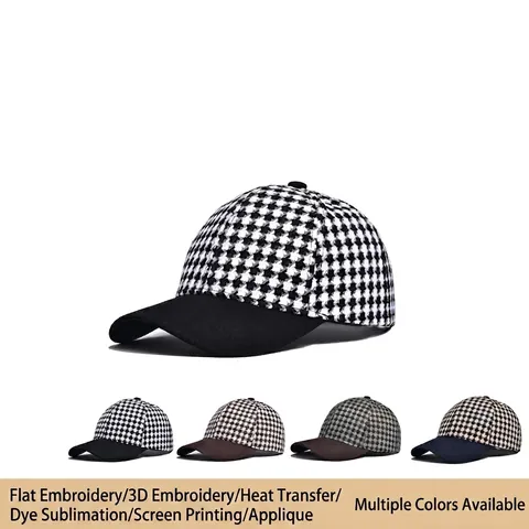 Vintage Houndstooth Baseball Cap Cotton Polyester Blend Adjustable Sunshade Retro Fashion Hat For Men And Women