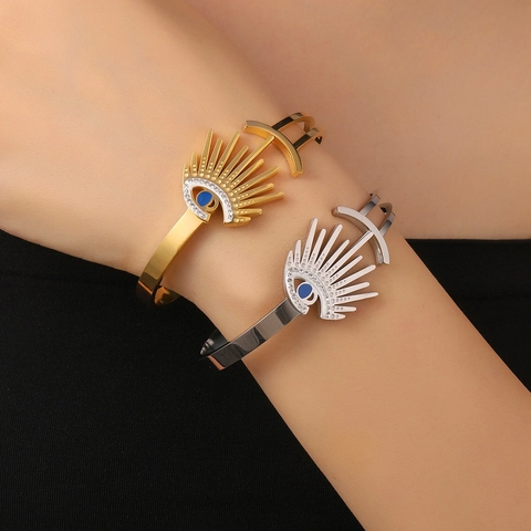 Evil Eye Armreif Edelstahl 18K Vergoldet Zirkonia Federöffnung Armband Boho Stil Damen Schmuck