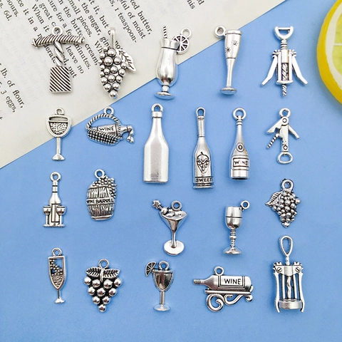 Antique Silver Alloy Wine Bottle Glass Grapes Corkscrew Charms For DIY Jewelry Making Crafts Findings