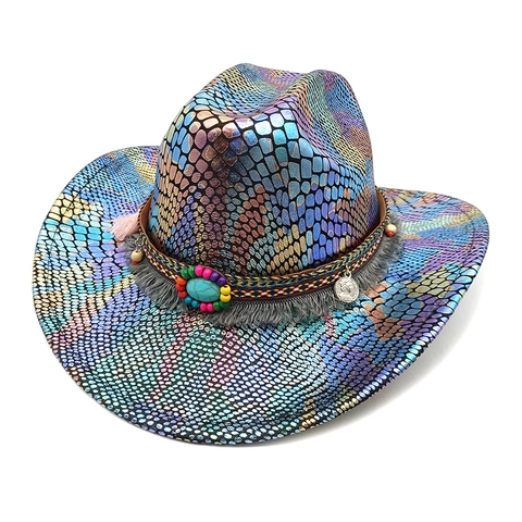 Western Cowboy Hat Holographic Snakeskin Pattern Polyester Wide Brim Bohemian Turquoise Tassel Party For Women