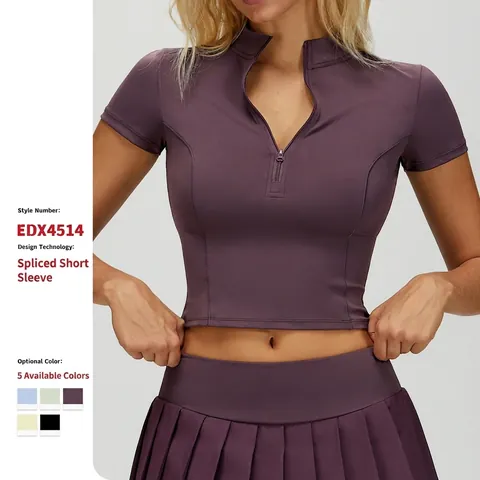 Damen Yoga Kurzarm Oberteil Stehkragen Halb Reißverschluss Enge Fitness Laufen Sporthemd Nackt Gefühl Nylon Spandex Elastisch