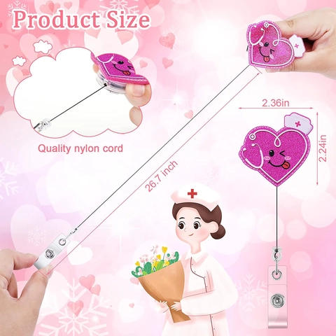 Retractable Badge Reel Medical Nursing ID Card Holder Acrylic Glitter Cartoon Heart Brain Pill Shape For Nurses Doctors
