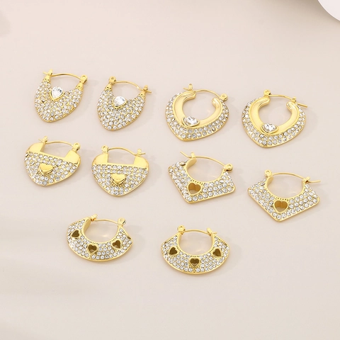 Boucles D'oreilles Géométriques En Acier Inoxydable Pour Femmes Forme De Coeur Creux Zircon Incrusté Bijoux De Mode Rétro