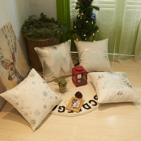 Funda De Cojín De Navidad Papel De Plata Copo De Nieve Árbol Patrón Merry Christmas Felpa Poliéster Decorativa