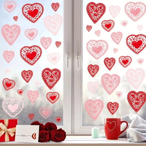 Valentine Day Heart Stickers PVC Lace Hollow Watercolor Decorative Window Wall Decals For Home Party Romance