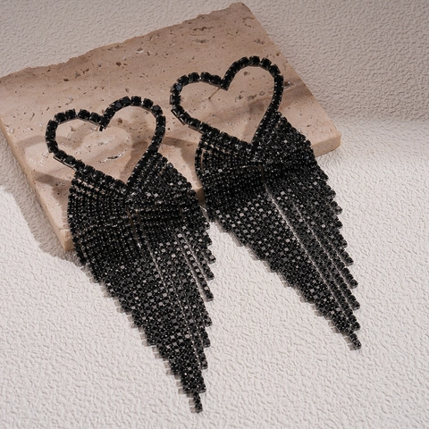Orecchini A Cuore Con Lunghe Nappe Di Strass Neri Con Perno In Argento Per Donna Gioielli Da Festa Di Lusso Lucidi