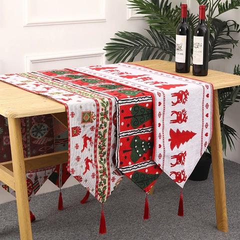 Christmas Table Runner Knitted Polyester Fabric Festive Santa Claus Reindeer Snowman Pattern Tassels Dining Decor Holiday