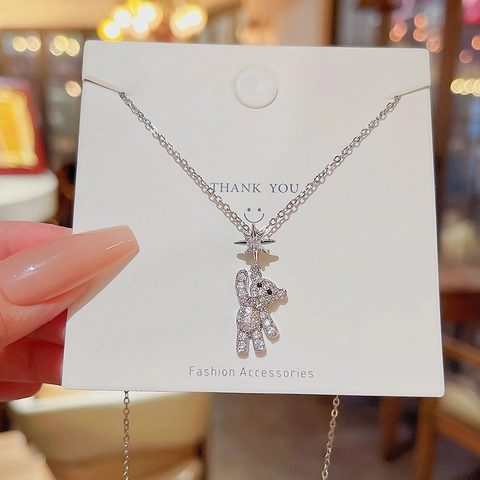 Halsketting Dames Titanium Staal Beer Hanger Goud Zilver Verguld Strass Dier Ster Maan Hart Mode Sieraden