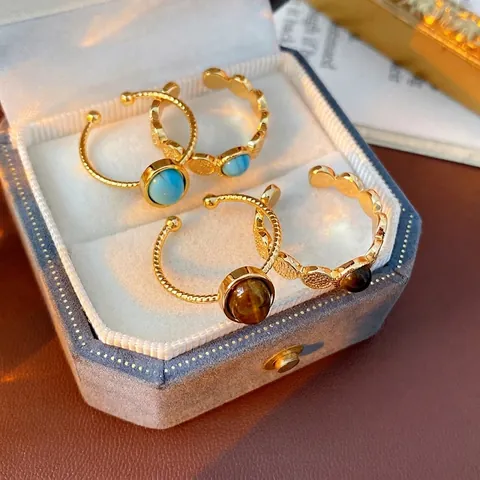 Bague Ouverte Réglable Vintage En Oeil De Tigre Rétro Bohème Cuivre Plaqué Or Bijoux De Pierres Précieuses Pour Femmes