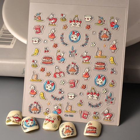 Autocollants Pour Ongles En Relief 5D Lapin De Dessin Animé Gâteau À La Fraise Fleur Imperméable Décalcomanies Manucure