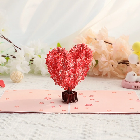 3D Pop Up Greeting Card Laser Cut Paper Heart Cherry Blossom Tree Romantic Love Theme Valentine Mother Day Gift Card