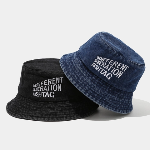 Angewaschener Denim Anglerhut Vintage Bestickter Buchstabe Baumwolle Sonnenschutz Streetwear Fischerhut Damen Herren
