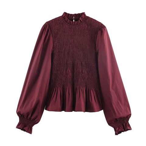 Damen Gesmokte Bluse Langarm Rüschen Stehkragen Schößchen Hemd Gestreift Einfarbig Elegant Oberteile