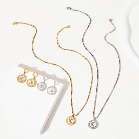 Crescent Moon Necklace And Earrings Stainless Steel Mother Of Artificial Pearl Pendant Elegant Bohemian Style Jewelry For Women