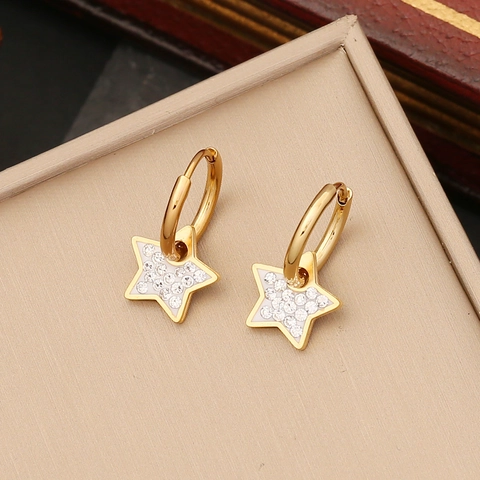 Stainless Steel Hoop Earrings With Full Rhinestone Star Moon Heart Charms Gold Plated Dainty Jewelry For Women