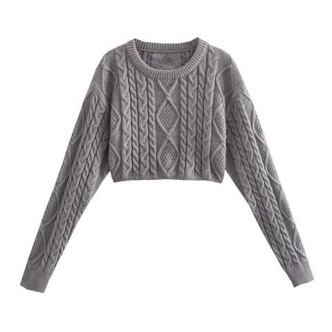 Jersey Corto De Punto Trenzado Para Mujer Cuello Redondo Manga Larga Color Sólido Prendas De Punto De Poliéster Top Holgado Gris