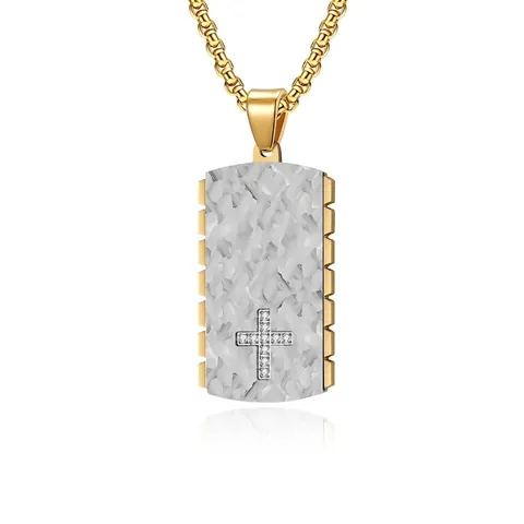 Heren Roestvrijstalen Rechthoekige Kruis Hanger Ketting Gehamerde Textuur Strass Inlay Mode-Sieraden Cadeau