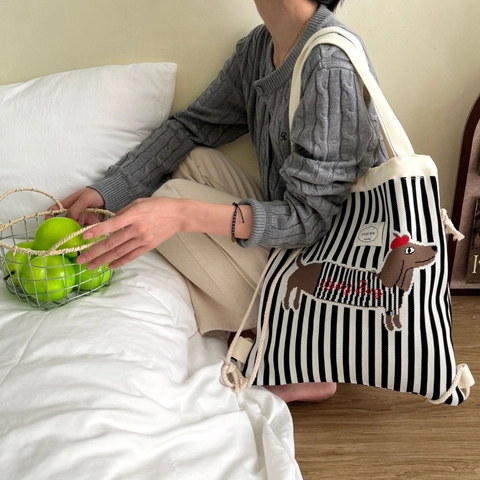 Knitted Shoulder Bag Drawstring Backpack Striped Bow Zebra Pattern Versatile Large Capacity Casual For Women
