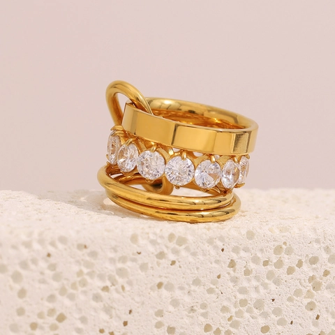 Multi-Layer Wide Band Ring Stainless Steel 18K Gold Plated Cubic Zirconia Exaggerated Retro Fashion Jewelry For Women