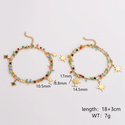 Double Layer Stainless Steel Bracelet Colorful Beads Eight Pointed Star Pendants Bohemian Rainbow Style Women Jewelry