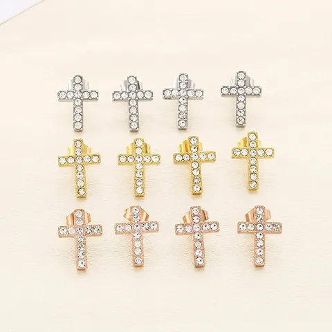 Stainless Steel Cross Stud Earrings Rhinestone Pave Fashion Religious Jewelry For Women