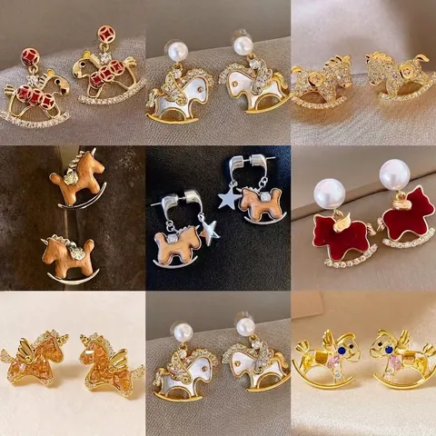 Rocking Horse Unicorn Earrings With 925 Sterling Silver Earring Post Enamel Zircon Inlaid Cute Fairy Tale Jewelry For Women