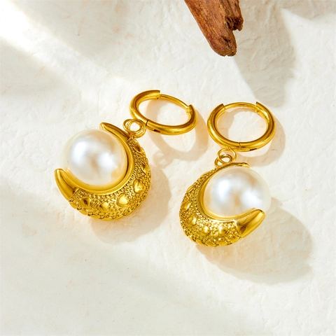 Barokke Kunstparel Maan Hoop Drop Oorbellen Roestvrij Staal Verguld Vintage Hart Textuur Voor Vrouwen Elegante Sieraden
