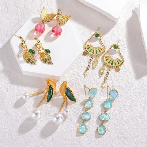 Stainless Steel Dangle Earrings With Faux Artificial Pearl And Synthetic Gemstone Vintage Leaf Butterfly Design Elegant Jewelry For Women