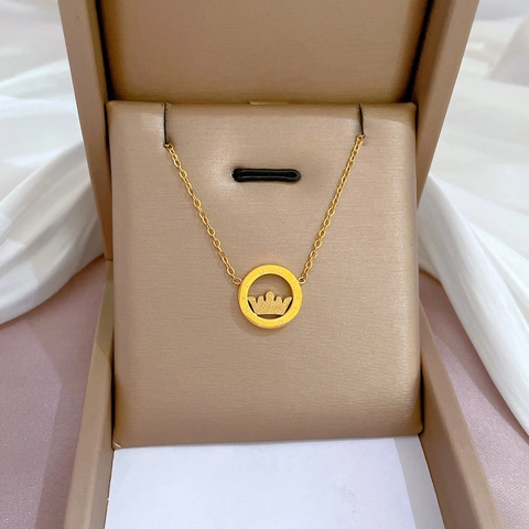 Stainless Steel Necklace With Gold Plated Crown Pendant And Lucky Circle Rhinestone Clavicle Chain For Women