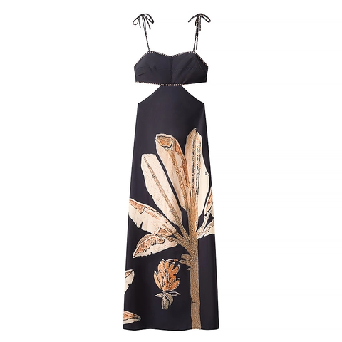 Dames Elegante Maxi Jurk Polyester Taille Uitsparing Rugloos Tropische Palmblad Print V-Hals Mouwloos Vakantie