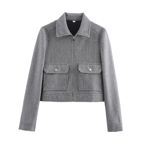 Women Short Jacket Polyester Woolen Texture Zip Up Lapel Collar Cargo Pockets Casual Outerwear Coat