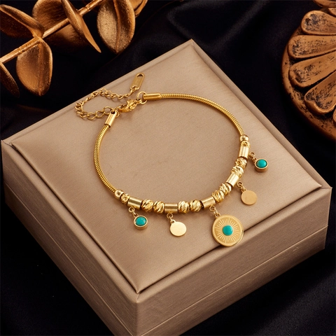 Bohemian Gold Plated Stainless Steel Turquoise Bracelet Vintage Sun Pendant Beaded Adjustable Jewelry For Women