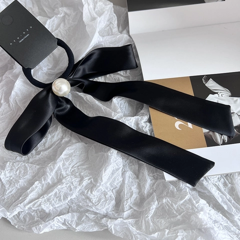Elegante Schwarze Satin Schleife Haargummis Mit Großer Künstliche Perle Retro Französischer Stil Langer Band Ponytail Halter Für Damen