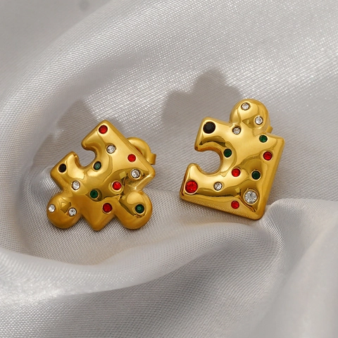 Boucles D'oreilles Puce Puzzle Acier Inoxydable Plaqué Or 18K Avec Zircon Coloré Bijoux Géométriques Pour Femmes