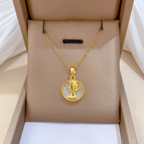 Collana Pendente Tondo Moneta Ritratto Rilievo Madreperla Bianca Catena Acciaio Inossidabile Rame Inlay Zirconia Gioielli Vintage