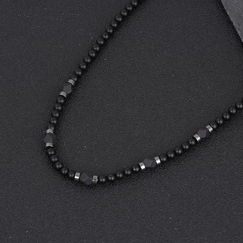 Natural Stone Beaded Necklace For Men Black Agate Lava Rock Hexagonal Alloy Accents Retro Minimalist Fashion Jewelry