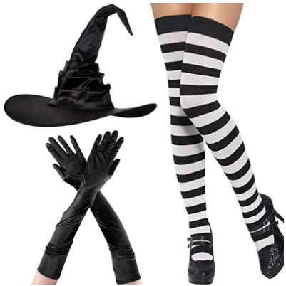 Halloween Heks Kostuum Accessoires Met Satijnen Geplooide Hoed En Lange Handschoenen En Gestreepte Kniekousen Cosplay Party