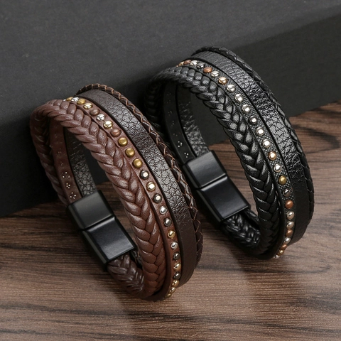Pulsera De Cuero Trenzado Multicapa Para Hombre Con Remaches De Acero Inoxidable Y Cierre Magnético Estilo Punk Casual Vintage